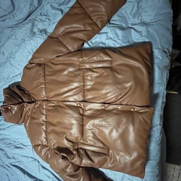 With the Girls by Avec Les Filles Brown Faux Leather Puffy Jacket - Size M - Picture 2 of 4